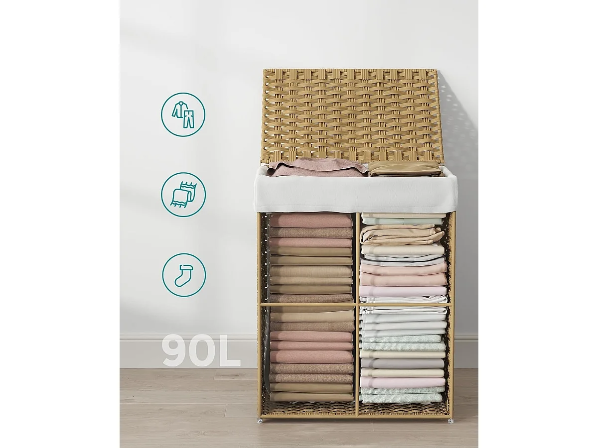 Handgeweven wasmand - 90L - Synthetisch rotan - Met deksel en handvatten - Waszak afneembaar