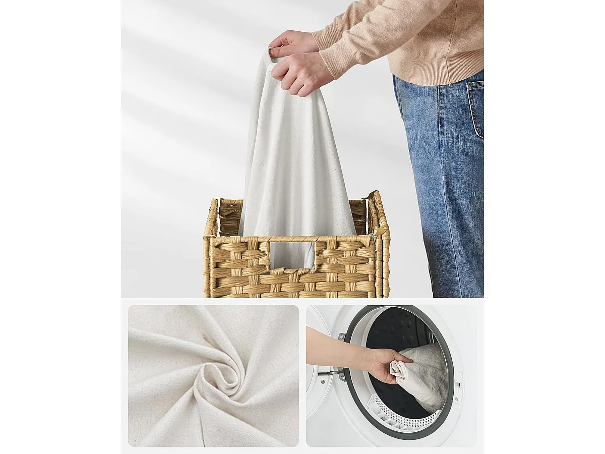 Handgeweven wasmand - 90L - Synthetisch rotan - Met deksel en handvatten - Waszak afneembaar