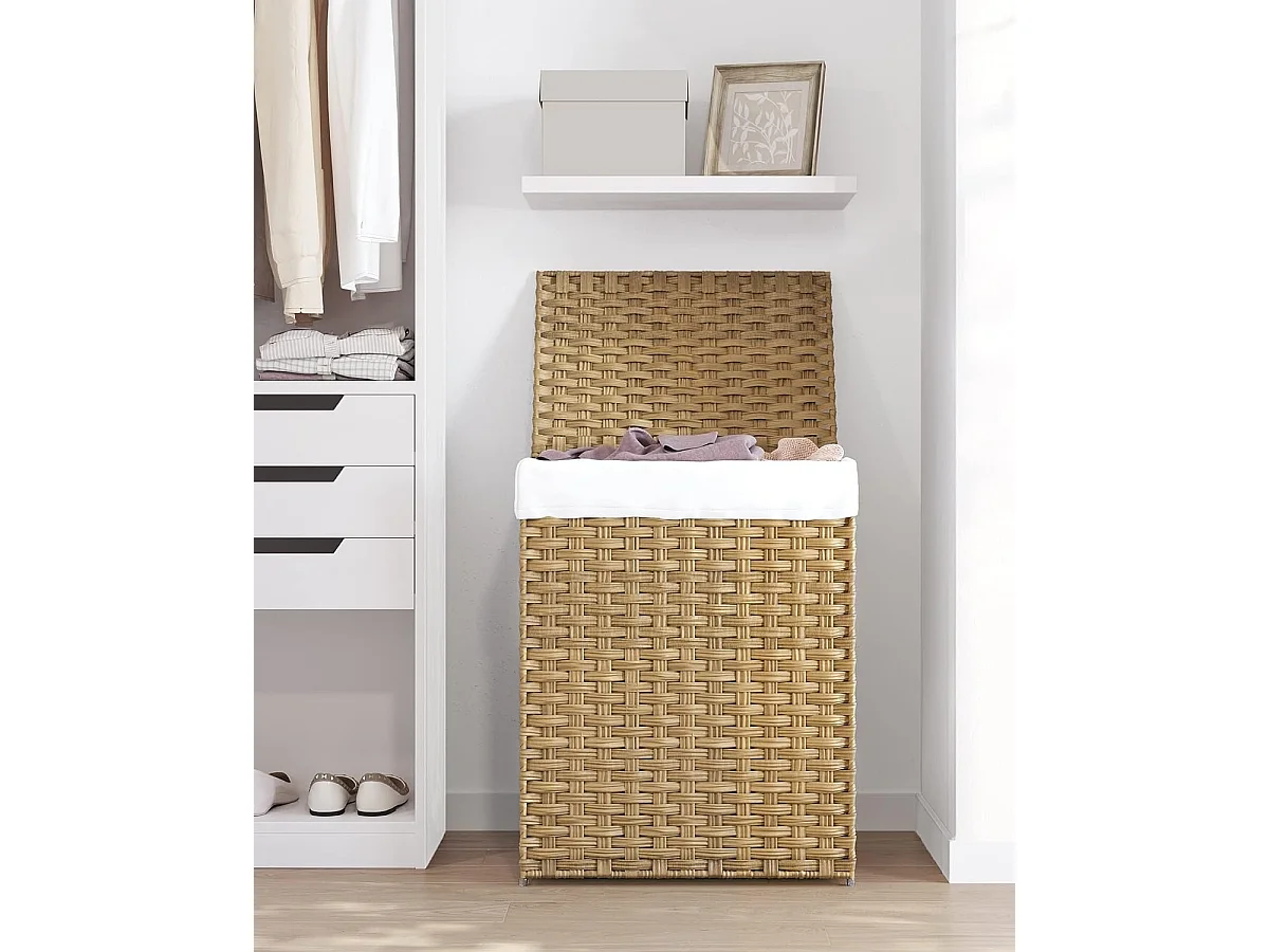 Handgeweven wasmand - 90L - Synthetisch rotan - Met deksel en handvatten - Waszak afneembaar