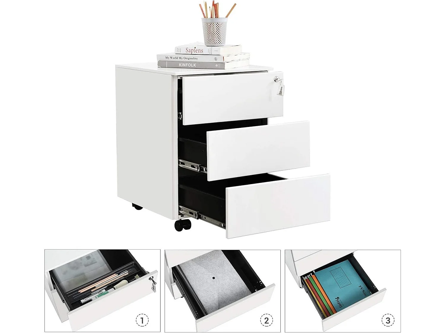 Rolcontainer - Met 3 laden - Voorgemonteerd - Wit