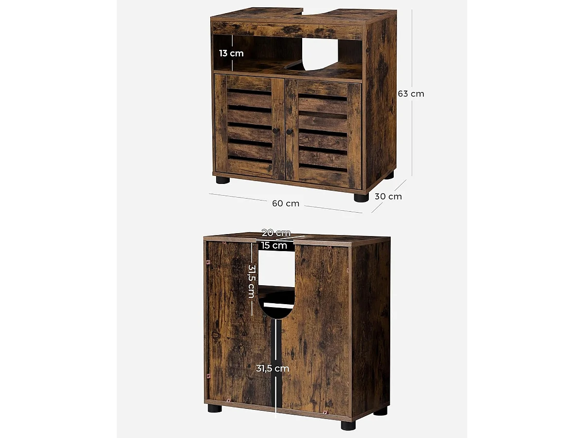 Parya Home Vintage Wastafelmeubel – 2 lamellendeuren en verstelbare plank, 60 x 30 x 63 cm,bruin
