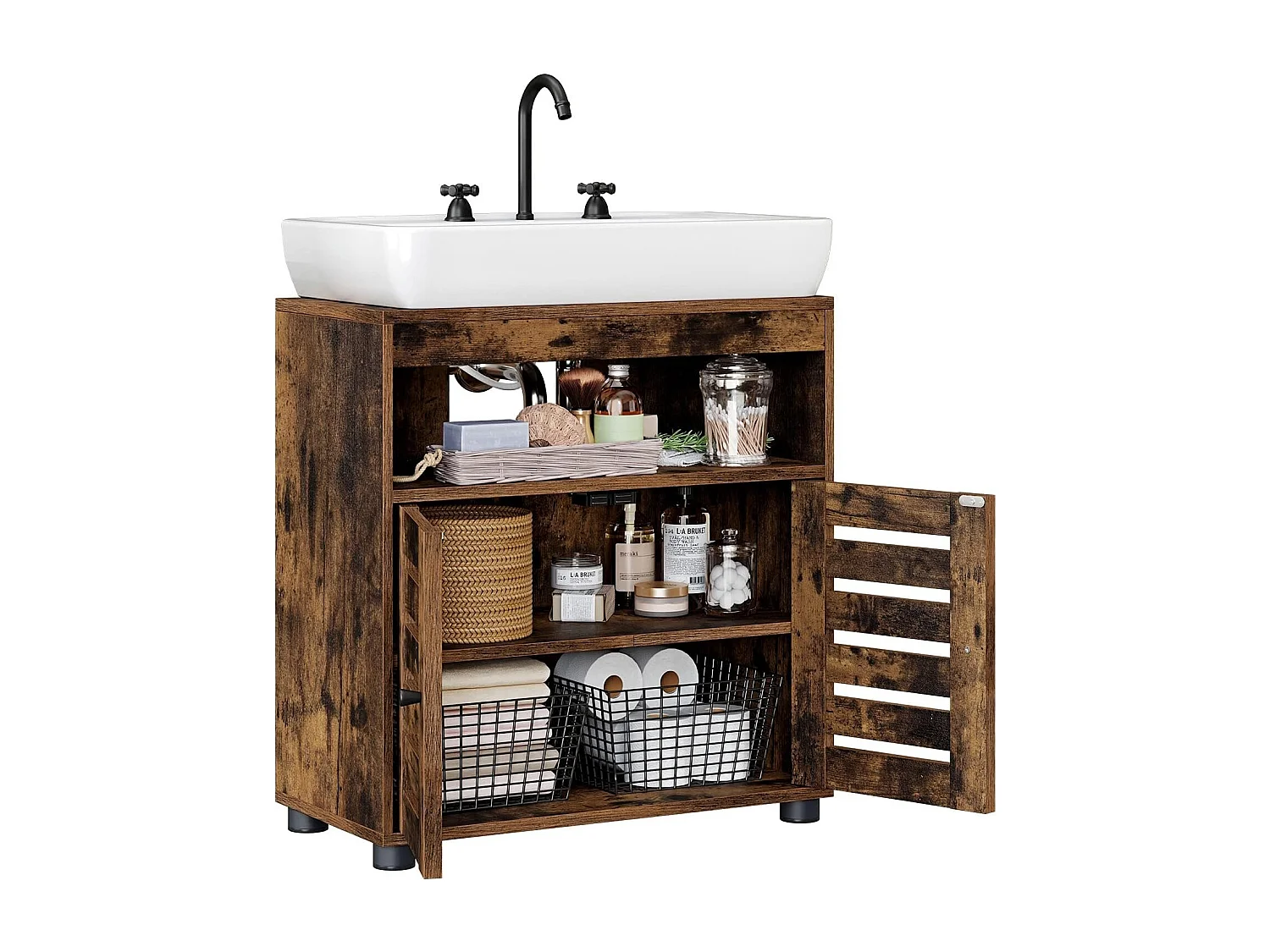 Parya Home Vintage Wastafelmeubel – 2 lamellendeuren en verstelbare plank, 60 x 30 x 63 cm,bruin