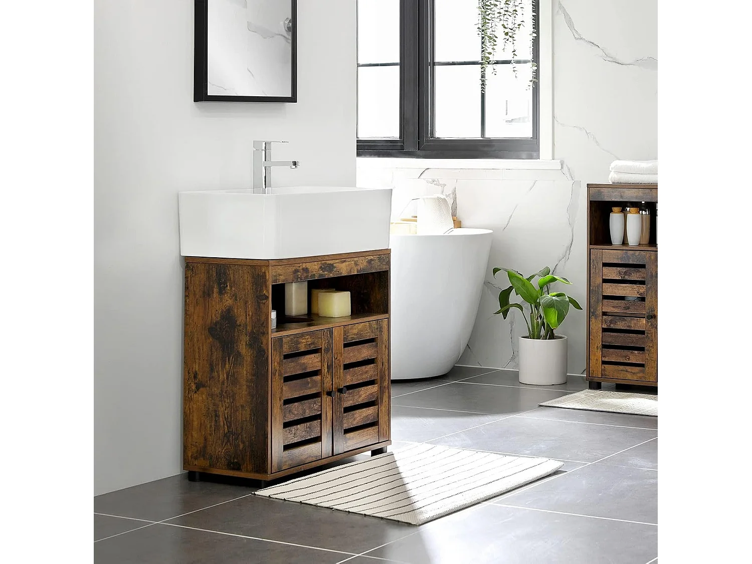 Parya Home Vintage Wastafelmeubel – 2 lamellendeuren en verstelbare plank, 60 x 30 x 63 cm,bruin