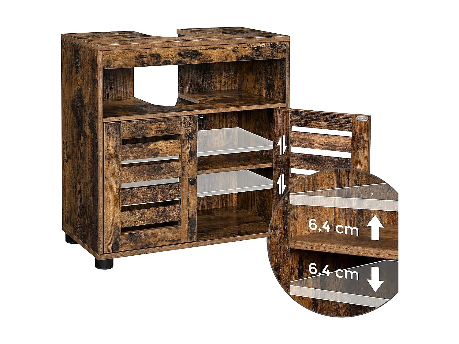 Parya Home Vintage Wastafelmeubel – 2 lamellendeuren en verstelbare plank, 60 x 30 x 63 cm,bruin