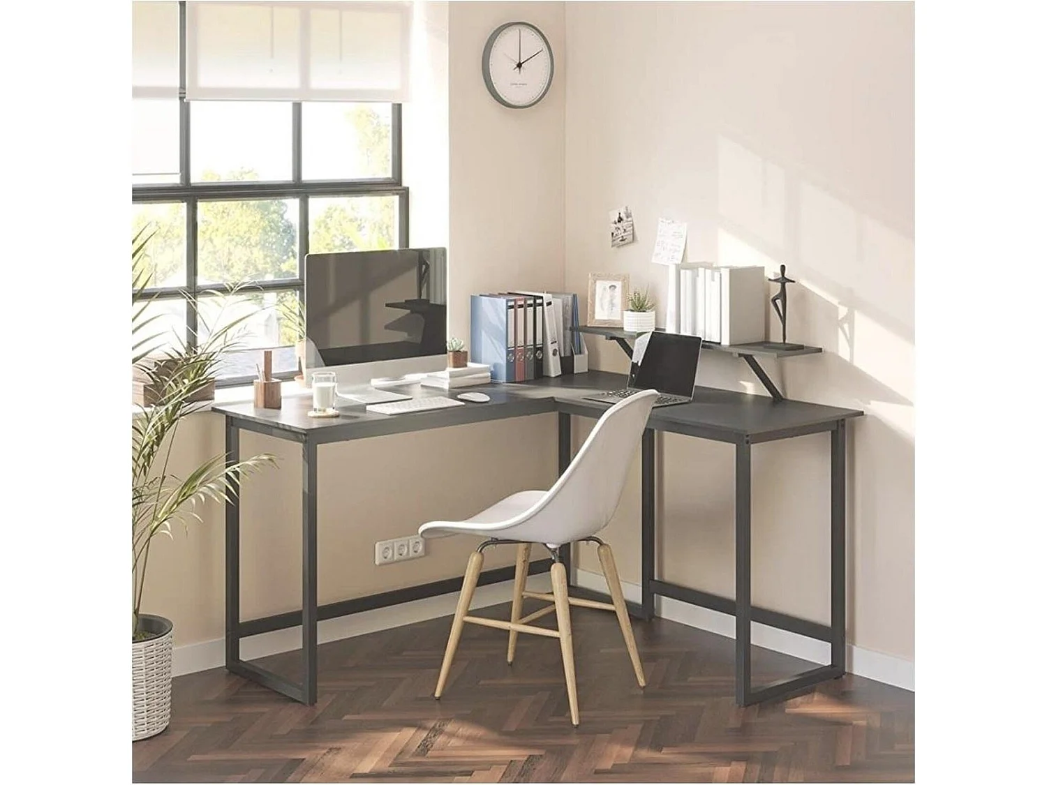 Parya bureau, L-vormig computerbureau met beweegbare monitorbevestiging, metaal, zwart LWD56BK