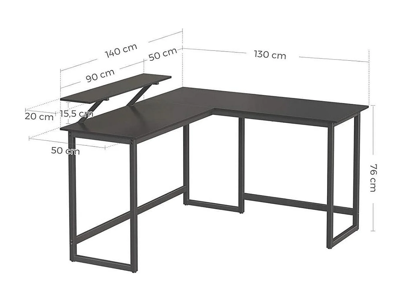 Parya bureau, L-vormig computerbureau met beweegbare monitorbevestiging, metaal, zwart LWD56BK