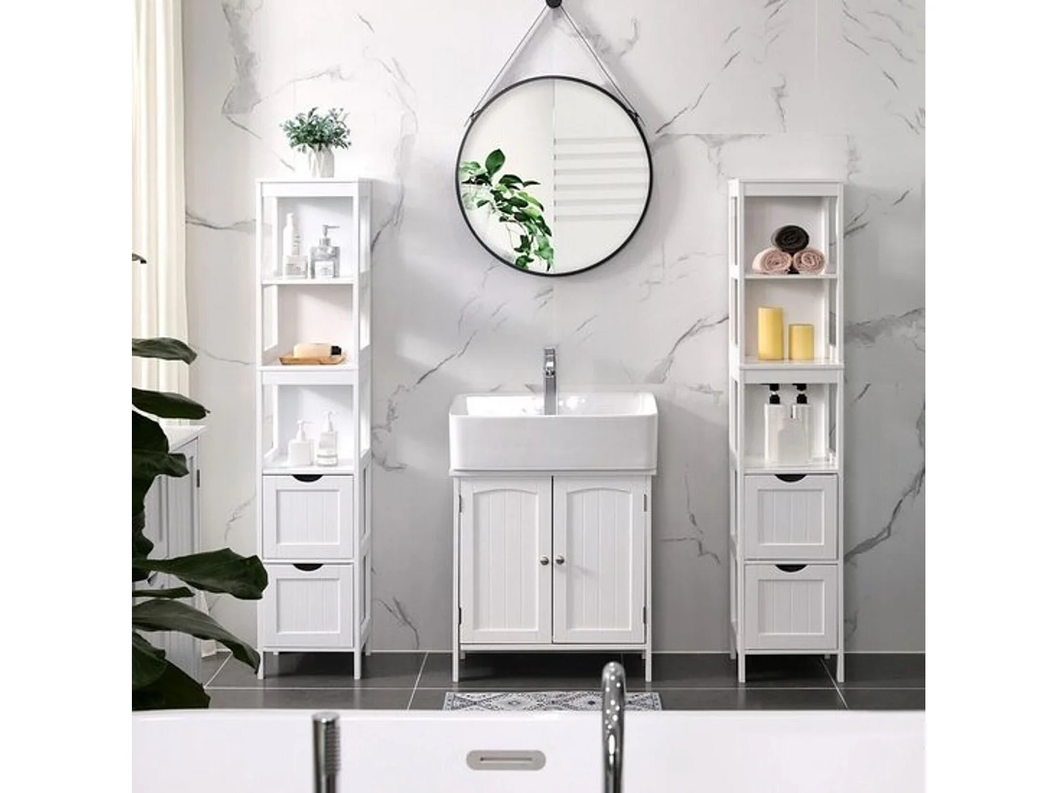 Bobbel Home - Hoge kast voor badkamer, met 2 laden en 3 open vakken, 30 x 30 x 141,5 cm,, wit