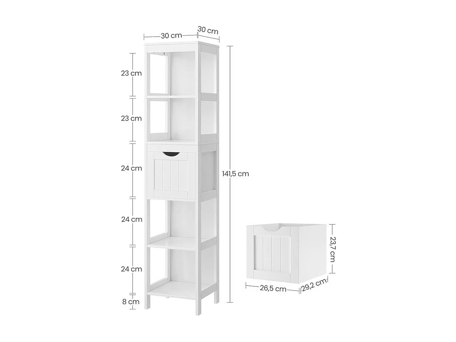 Bobbel Home - Hoge kast voor badkamer, met 2 laden en 3 open vakken, 30 x 30 x 141,5 cm,, wit