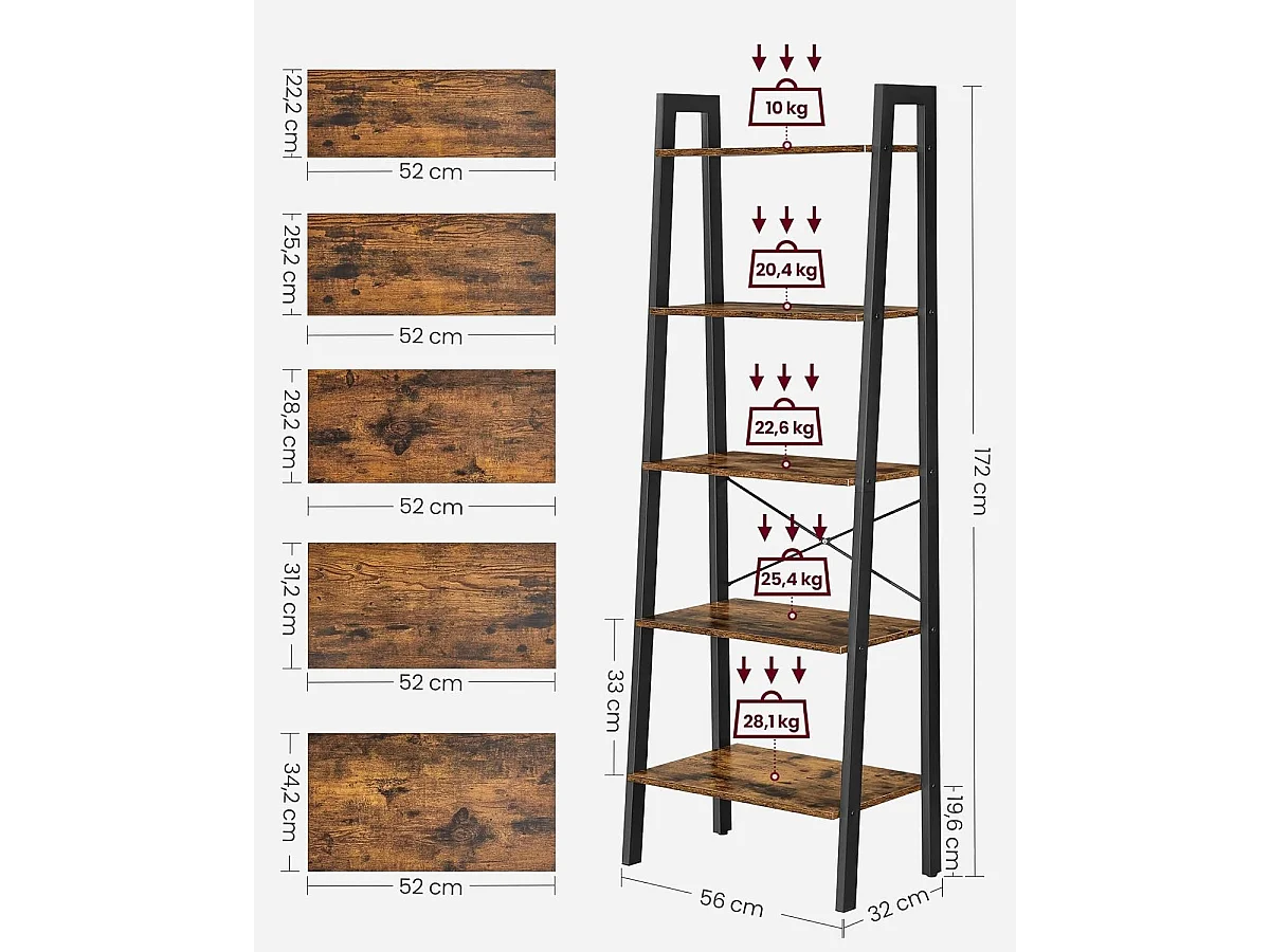 Boekenkast Industrieel - Boekenstandaard - Ladderkast 5 Laags 56 x 34 x 172 cm