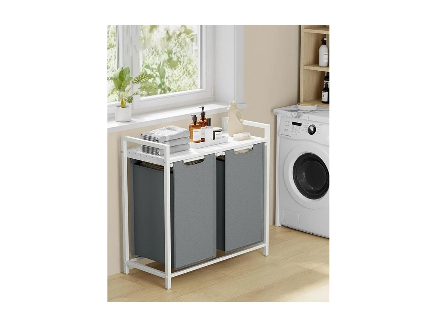 Bobbel Home - Wasmand, 2 vakken en 2 verwijderbare zakken, werkblad,  2 x 46 liter, 73 x 33 x 72 cm,