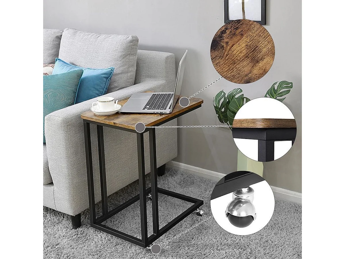 VASAGLE Beistelltisch, Beistelltisch, Couchtisch, mit Stahlgestell und Rollen, einfache Montage, industriell, für Wohnzimmer, Schlafzimmer, Balkon, rustikal braun