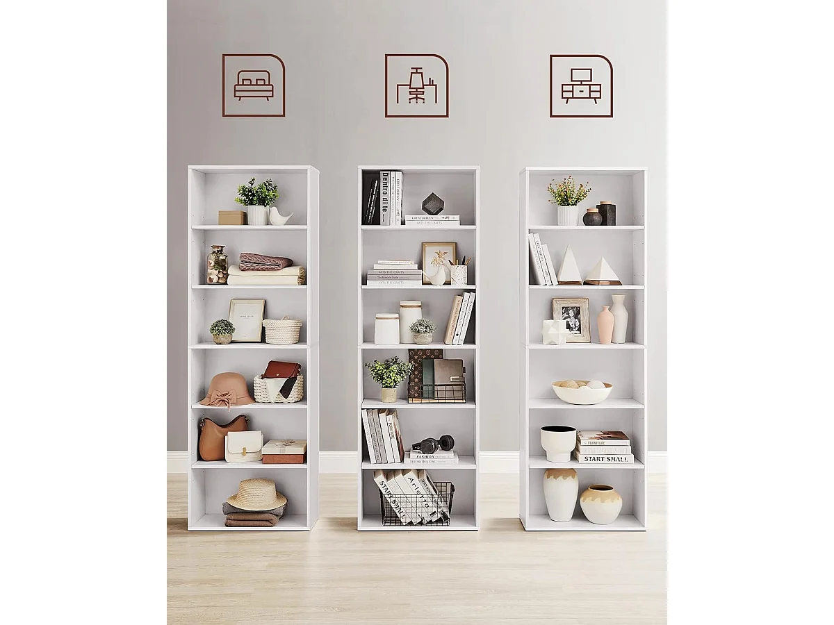 Parya Home Scandinavische Boekenkast – Staand opbergrek met 6 niveaus, 24 x 60 x 178,5 cm, wit