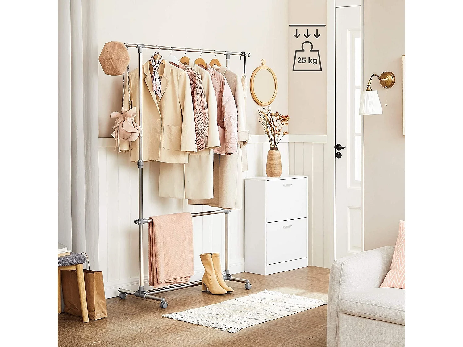 Bobbel Home - Garderoberek - Met wieltjes - Hoogte verstelbaar -  RVS - Zilver