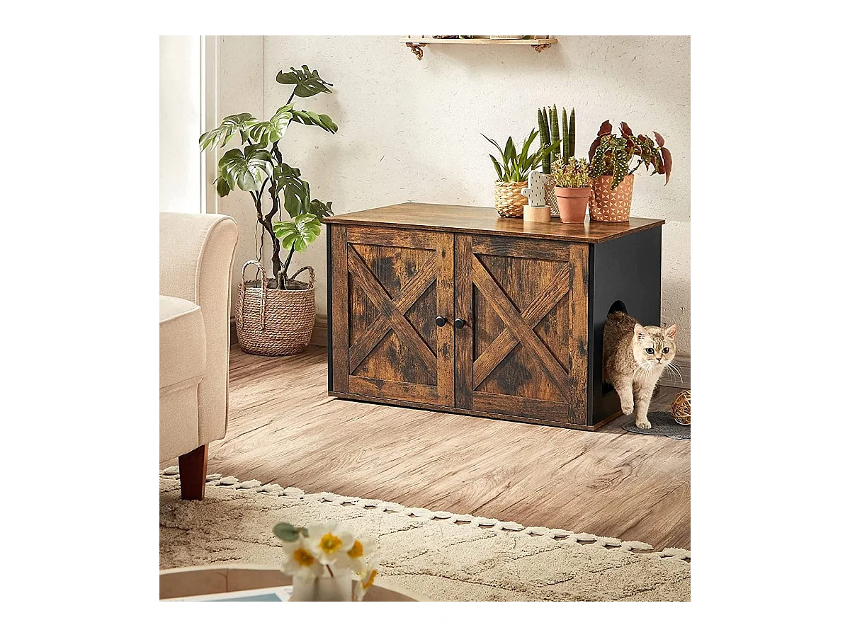 Bobbel Home - Houten kattenhuis - Incl. 2 deuren - Kattenbak - Vintage - Industrieel - Zwart/Bruin