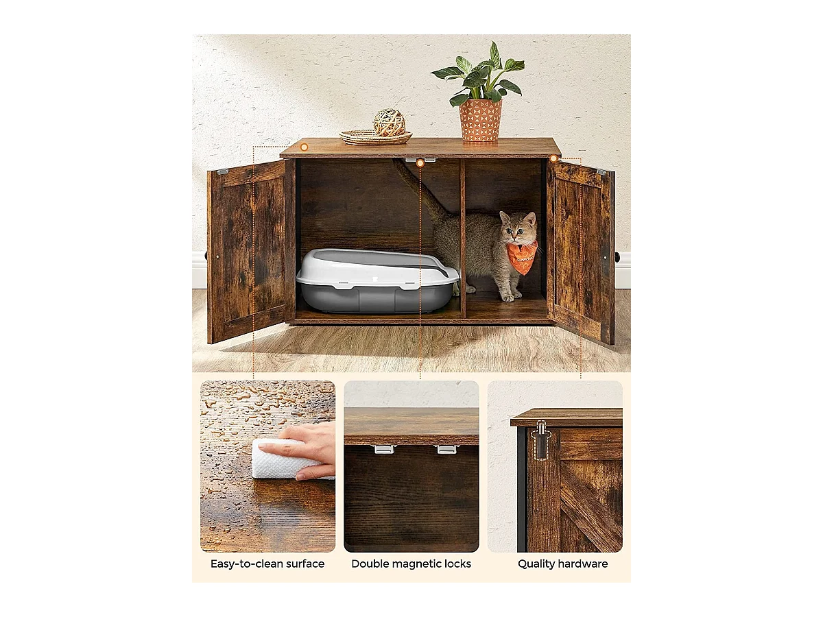 Bobbel Home - Houten kattenhuis - Incl. 2 deuren - Kattenbak - Vintage - Industrieel - Zwart/Bruin