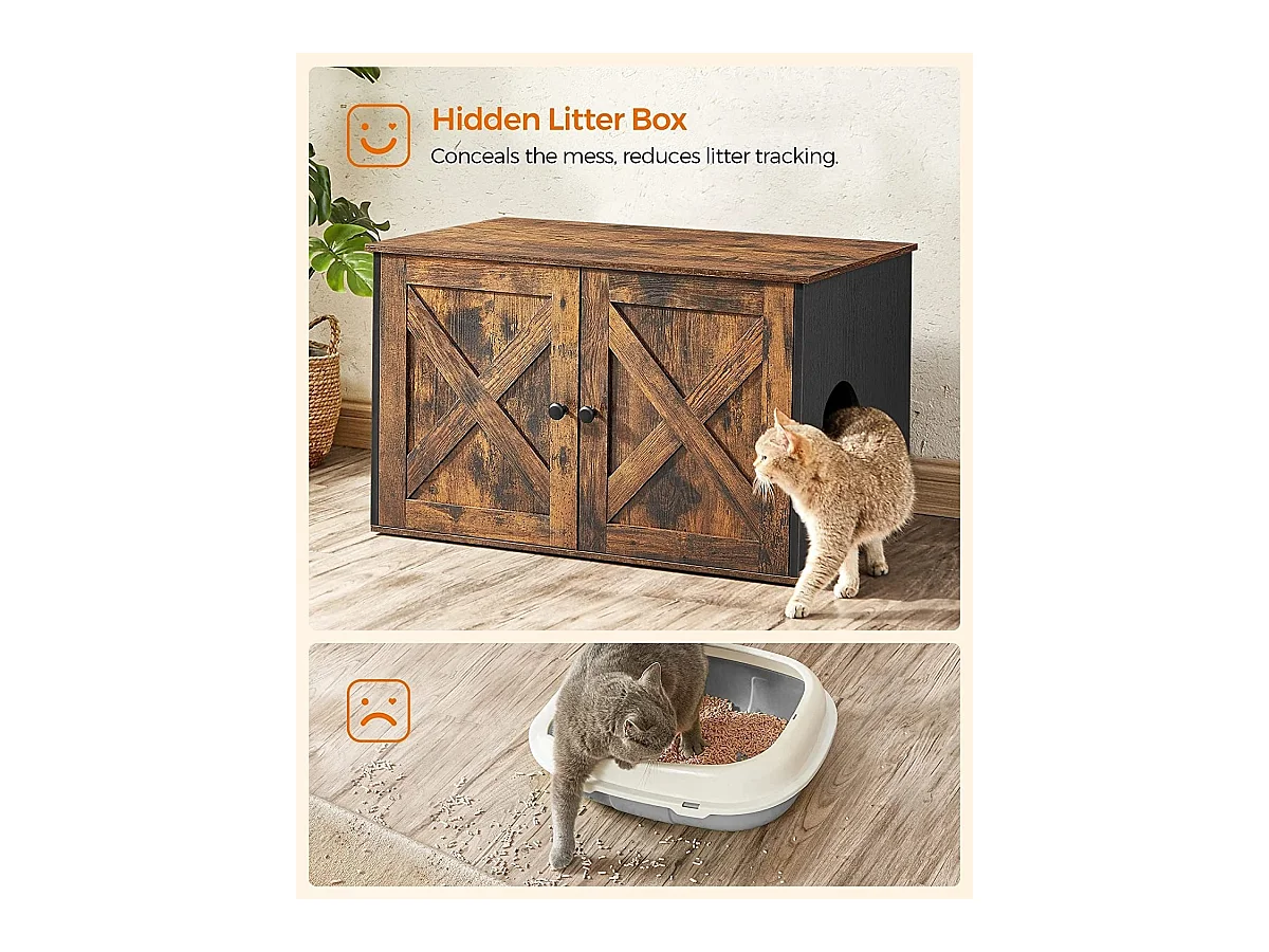 Bobbel Home - Houten kattenhuis - Incl. 2 deuren - Kattenbak - Vintage - Industrieel - Zwart/Bruin