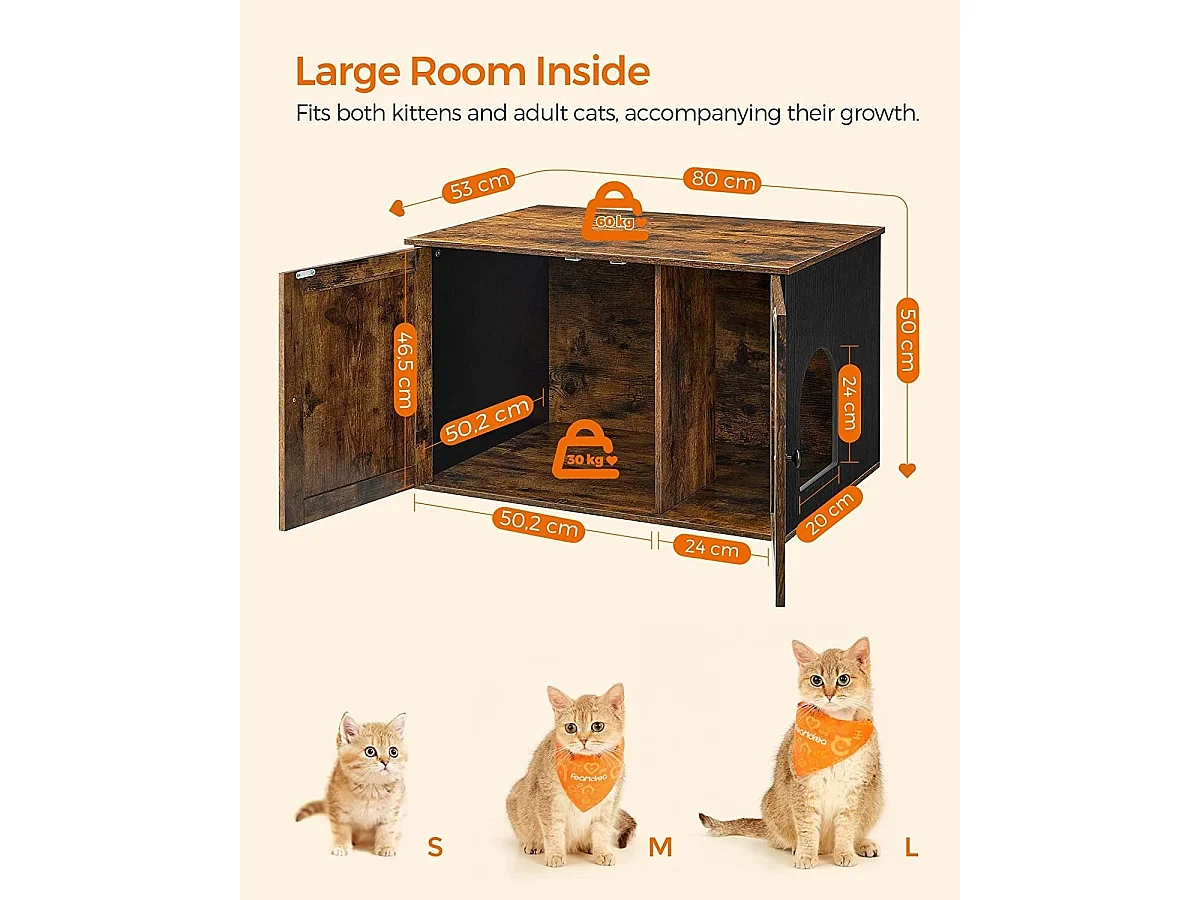 Bobbel Home - Houten kattenhuis - Incl. 2 deuren - Kattenbak - Vintage - Industrieel - Zwart/Bruin