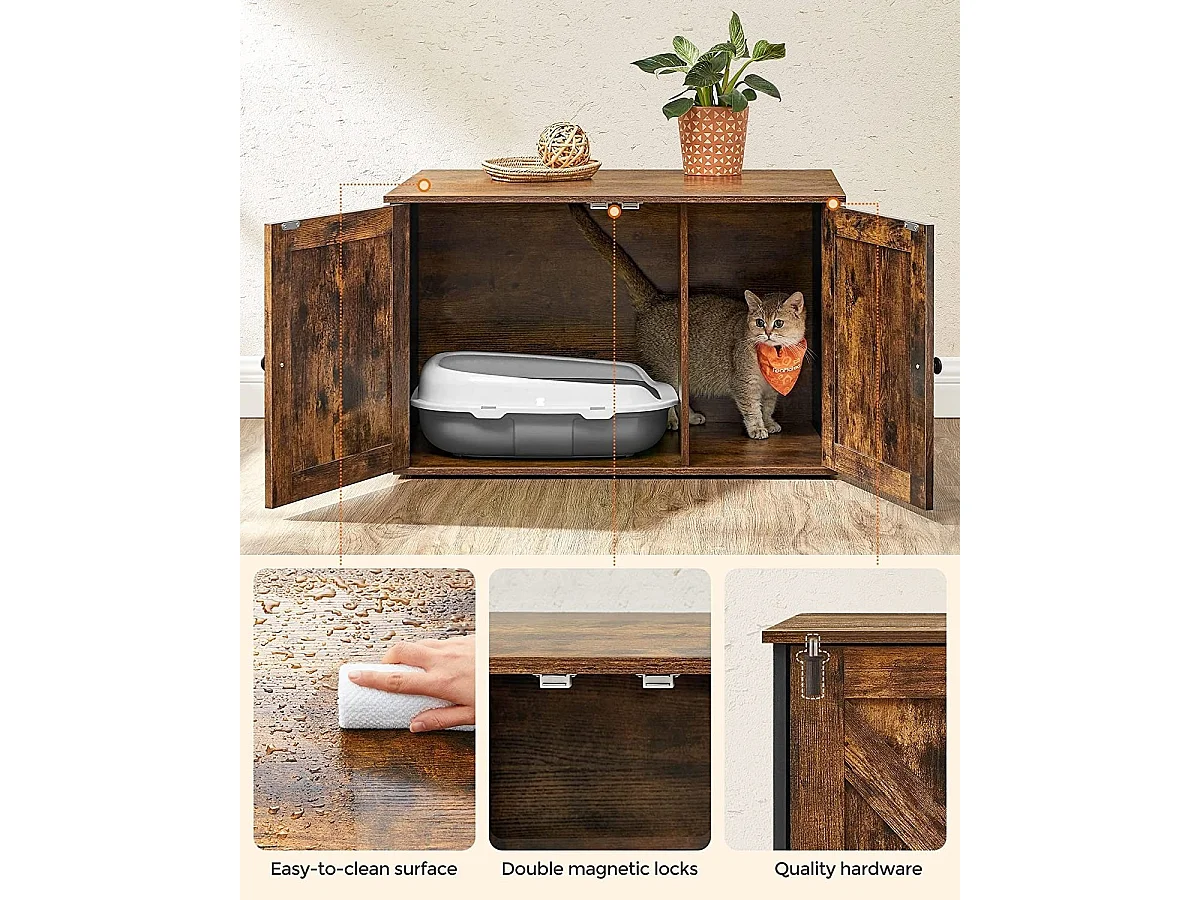 Bobbel Home - Houten kattenhuis - Incl. 2 deuren - Kattenbak - Vintage - Industrieel - Zwart/Bruin