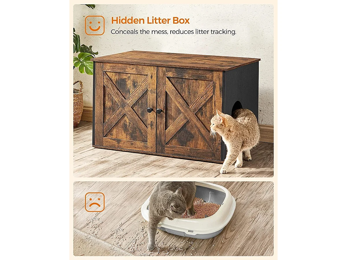 Bobbel Home - Houten kattenhuis - Incl. 2 deuren - Kattenbak - Vintage - Industrieel - Zwart/Bruin