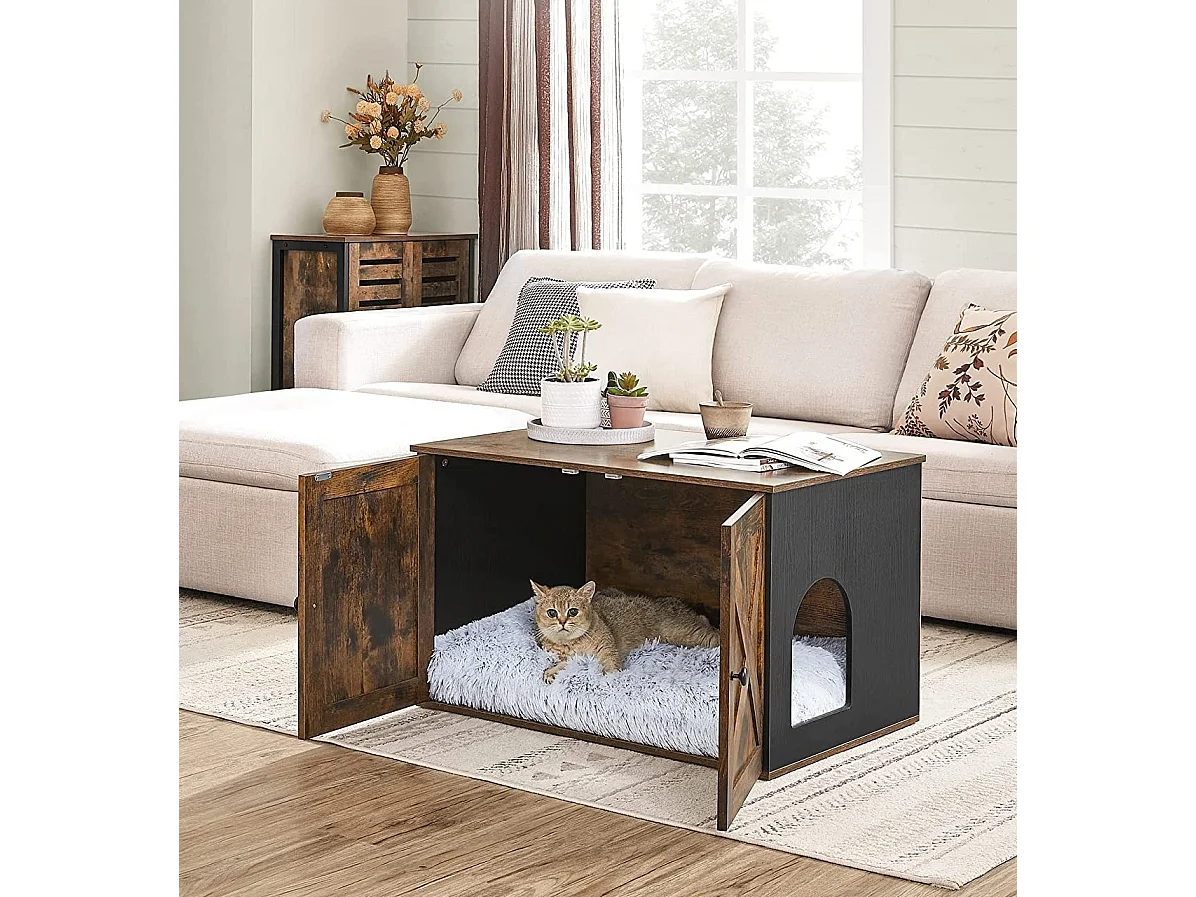 Bobbel Home - Houten kattenhuis - Incl. 2 deuren - Kattenbak - Vintage - Industrieel - Zwart/Bruin