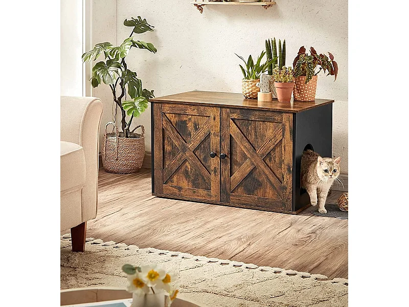 Bobbel Home - Houten kattenhuis - Incl. 2 deuren - Kattenbak - Vintage - Industrieel - Zwart/Bruin