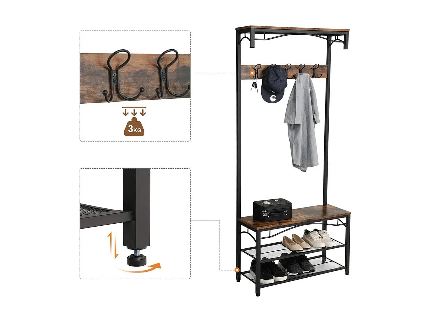 Bobbel Home - Garderoberek -  Zitbank - 5 afneembare haken - Vintage