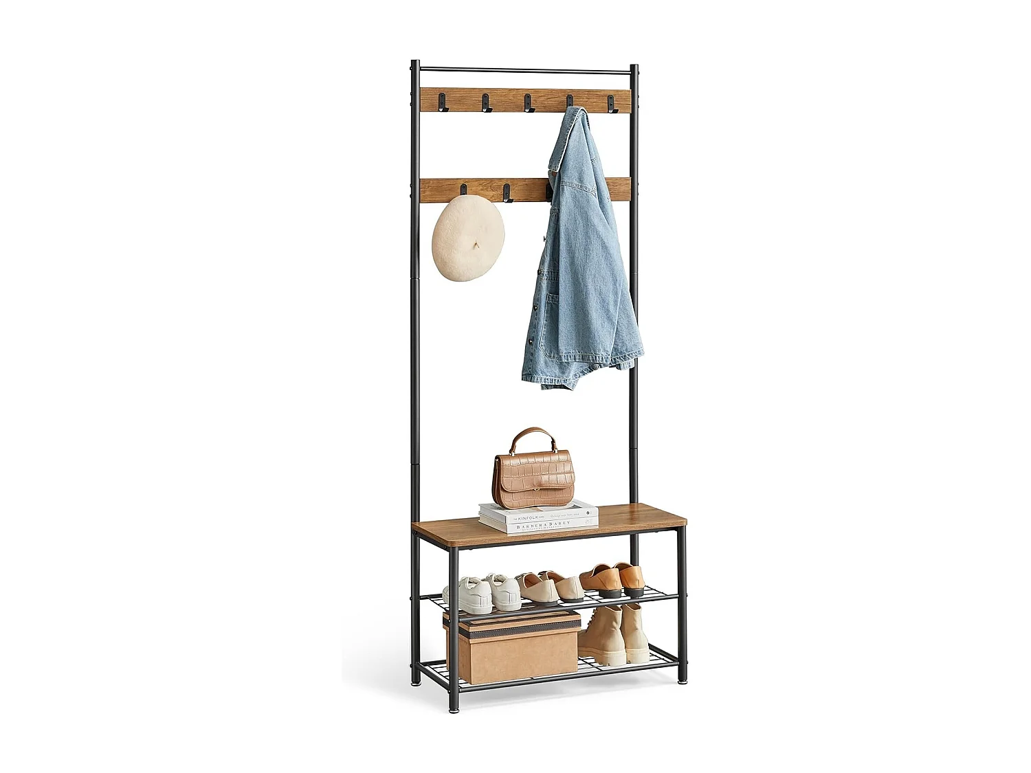 Parya Home Garderoberek met Bank – Kapstok met schoenenrek, metalen frame, industrieel, 175 cm hoog,