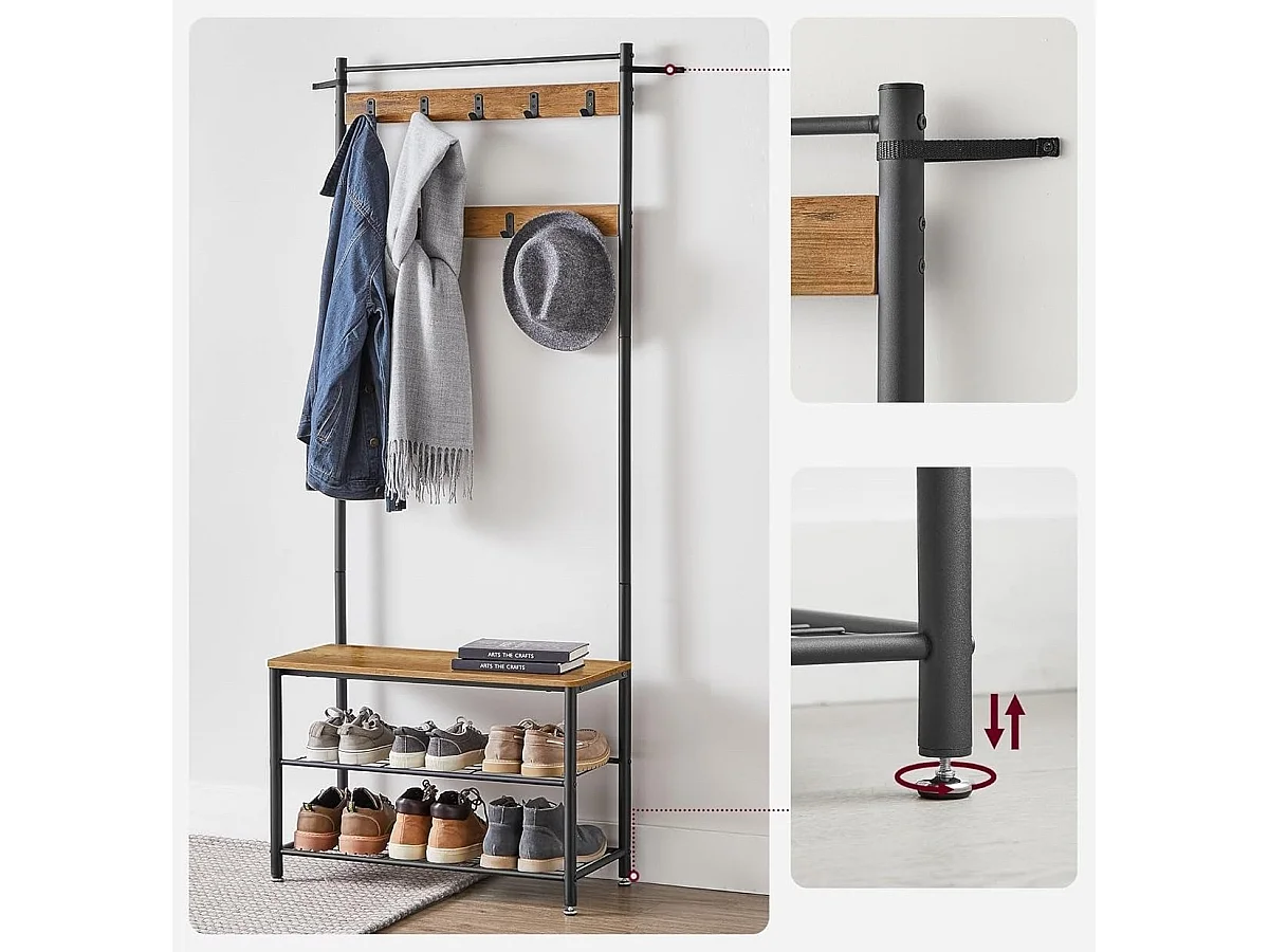 Parya Home Garderoberek met Bank – Kapstok met schoenenrek, metalen frame, industrieel, 175 cm hoog,