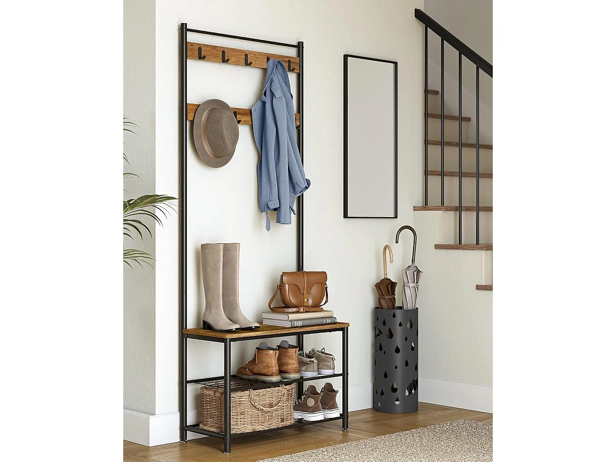 Parya Home Garderoberek met Bank – Kapstok met schoenenrek, metalen frame, industrieel, 175 cm hoog,
