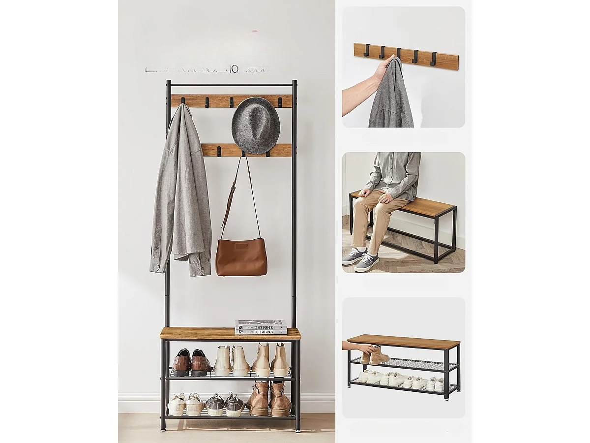 Parya Home Garderoberek met Bank – Kapstok met schoenenrek, metalen frame, industrieel, 175 cm hoog,