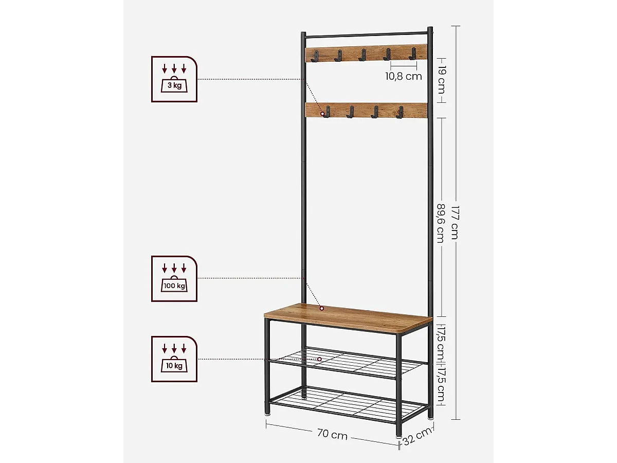 Parya Home Garderoberek met Bank – Kapstok met schoenenrek, metalen frame, industrieel, 175 cm hoog,