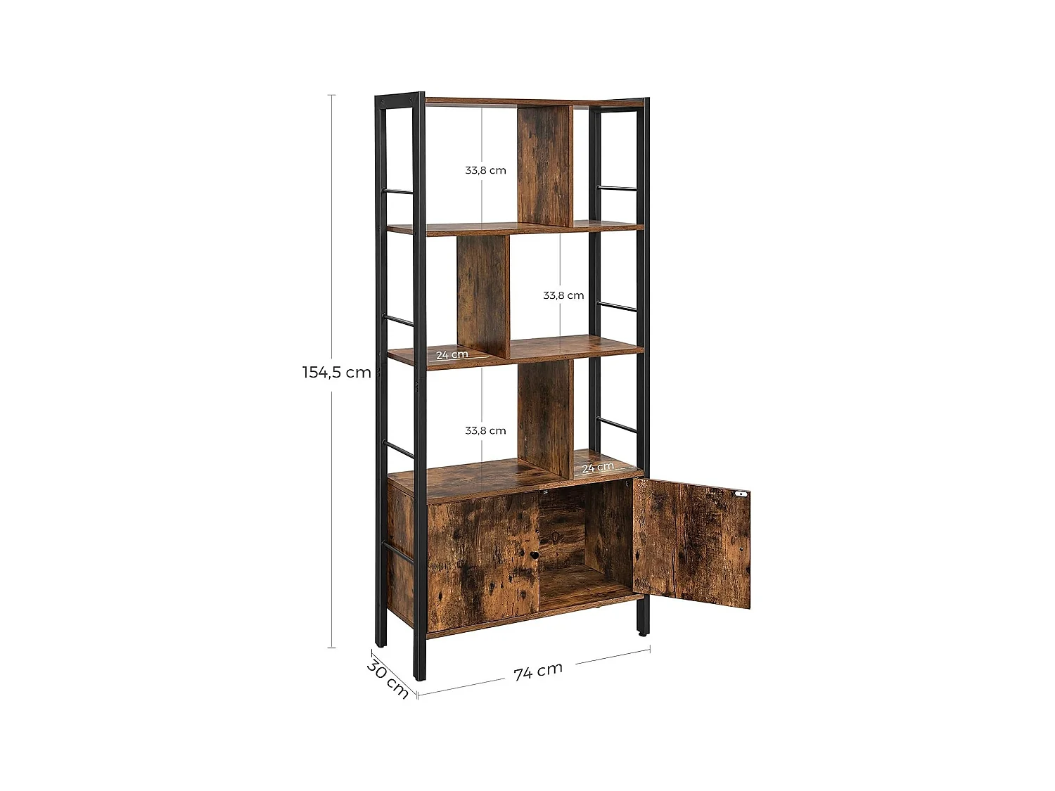 Parya Home Industriėle Boekenkast – Staande kast met 4 open legplanken, stalen frame, bruin-zwart