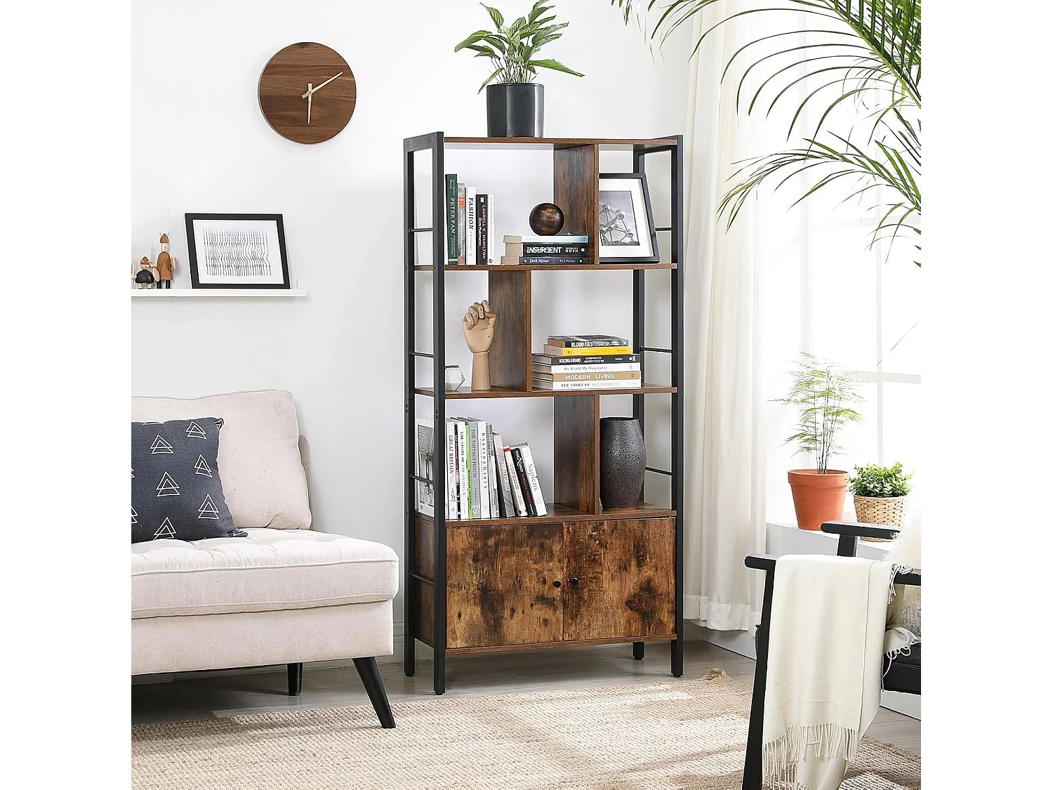 Parya Home Industriėle Boekenkast – Staande kast met 4 open legplanken, stalen frame, bruin-zwart