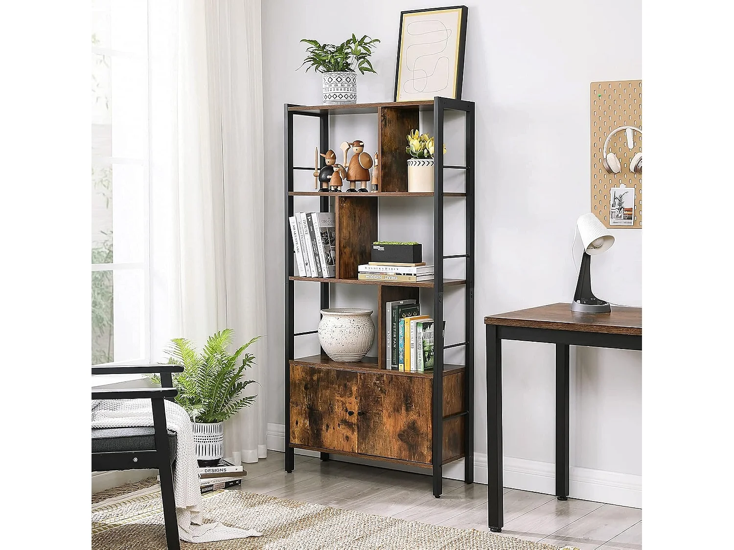 Parya Home Industriėle Boekenkast – Staande kast met 4 open legplanken, stalen frame, bruin-zwart