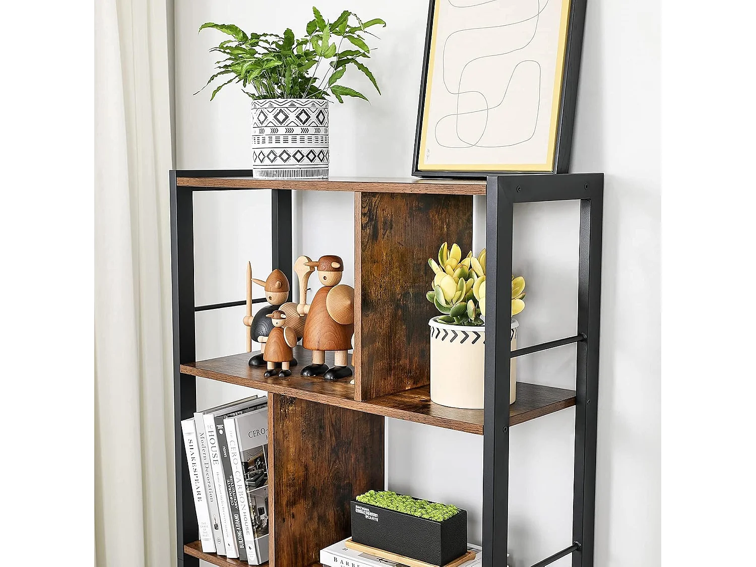Parya Home Industriėle Boekenkast – Staande kast met 4 open legplanken, stalen frame, bruin-zwart