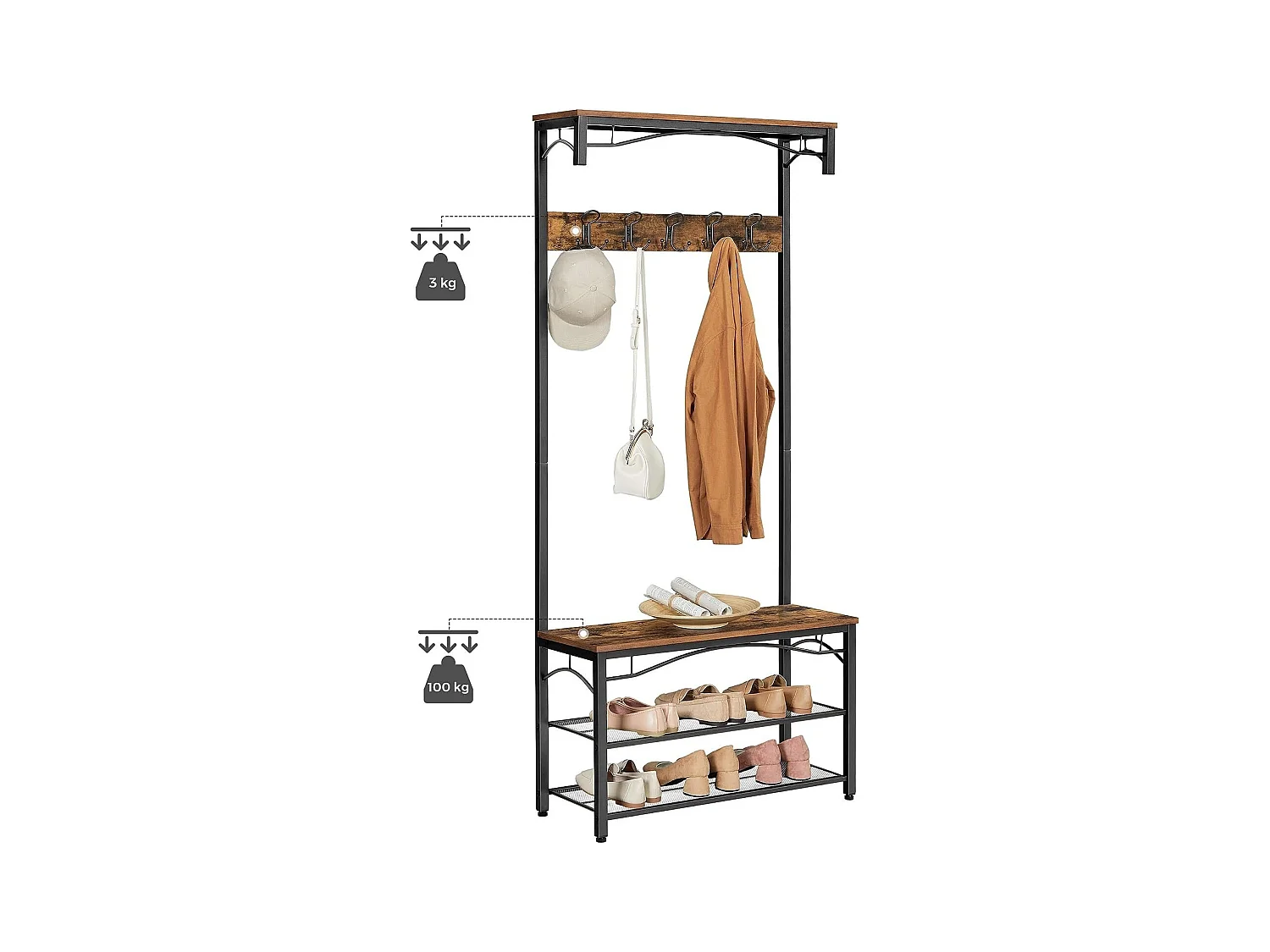 Parya Home - Kapstok - 10 Haken - Incl. Schoenenrek - Donkerbruin