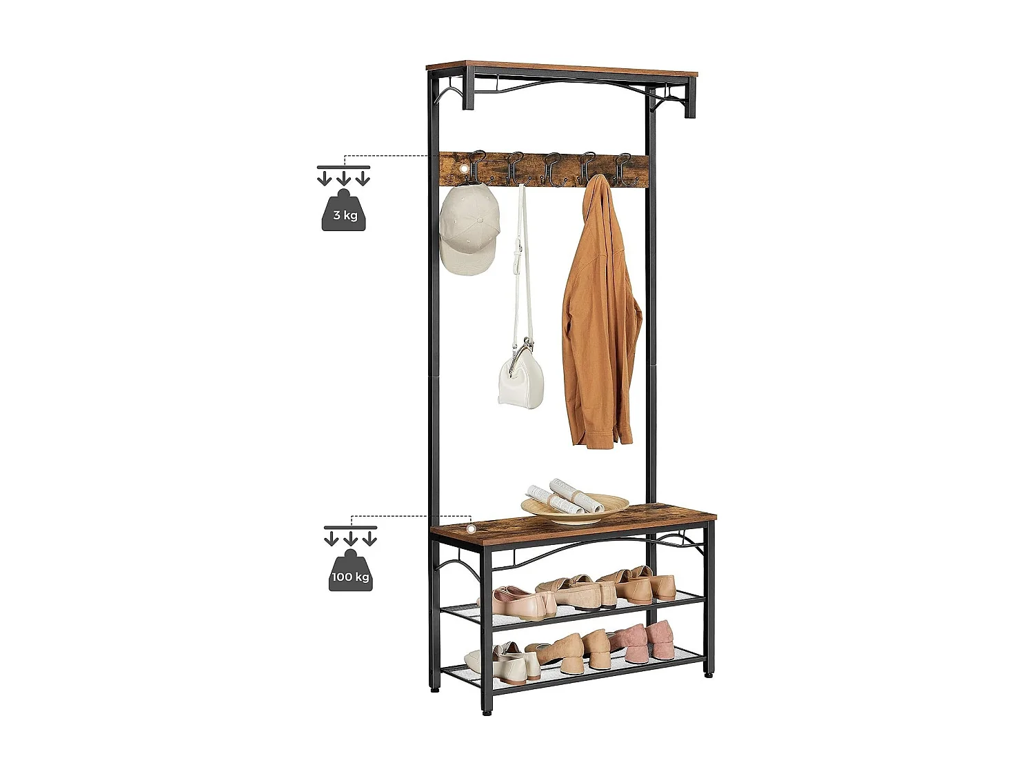 Parya Home - Kapstok - 10 Haken - Incl. Schoenenrek - Donkerbruin