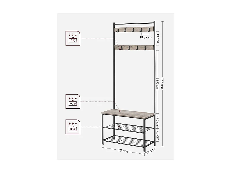 Parya Home 3 in 1 kapstok met schoenenrek entreekast stalen frame industrieel 32 x 70 x 175 cm