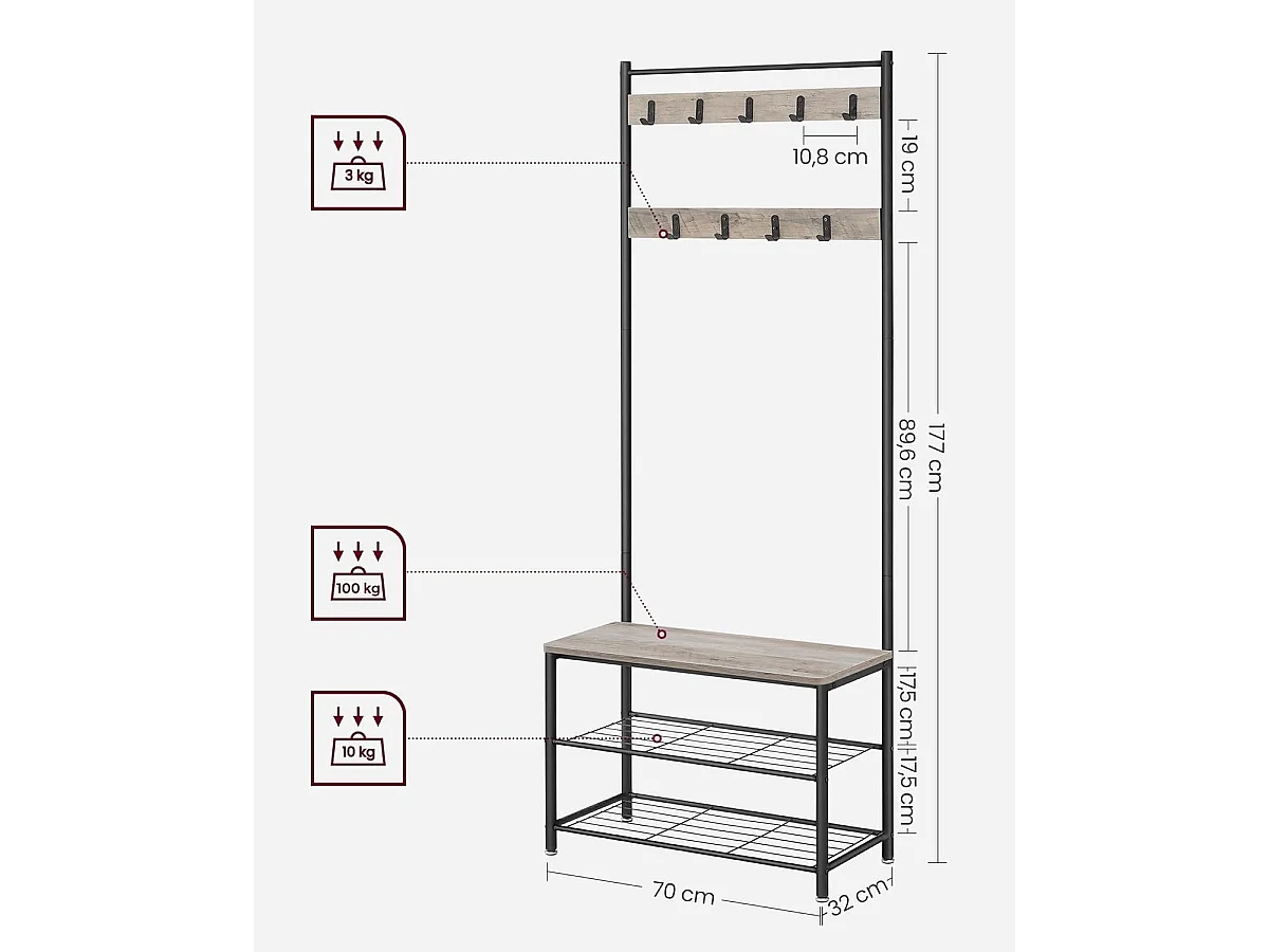 Parya Home 3 in 1 kapstok met schoenenrek entreekast stalen frame industrieel 32 x 70 x 175 cm