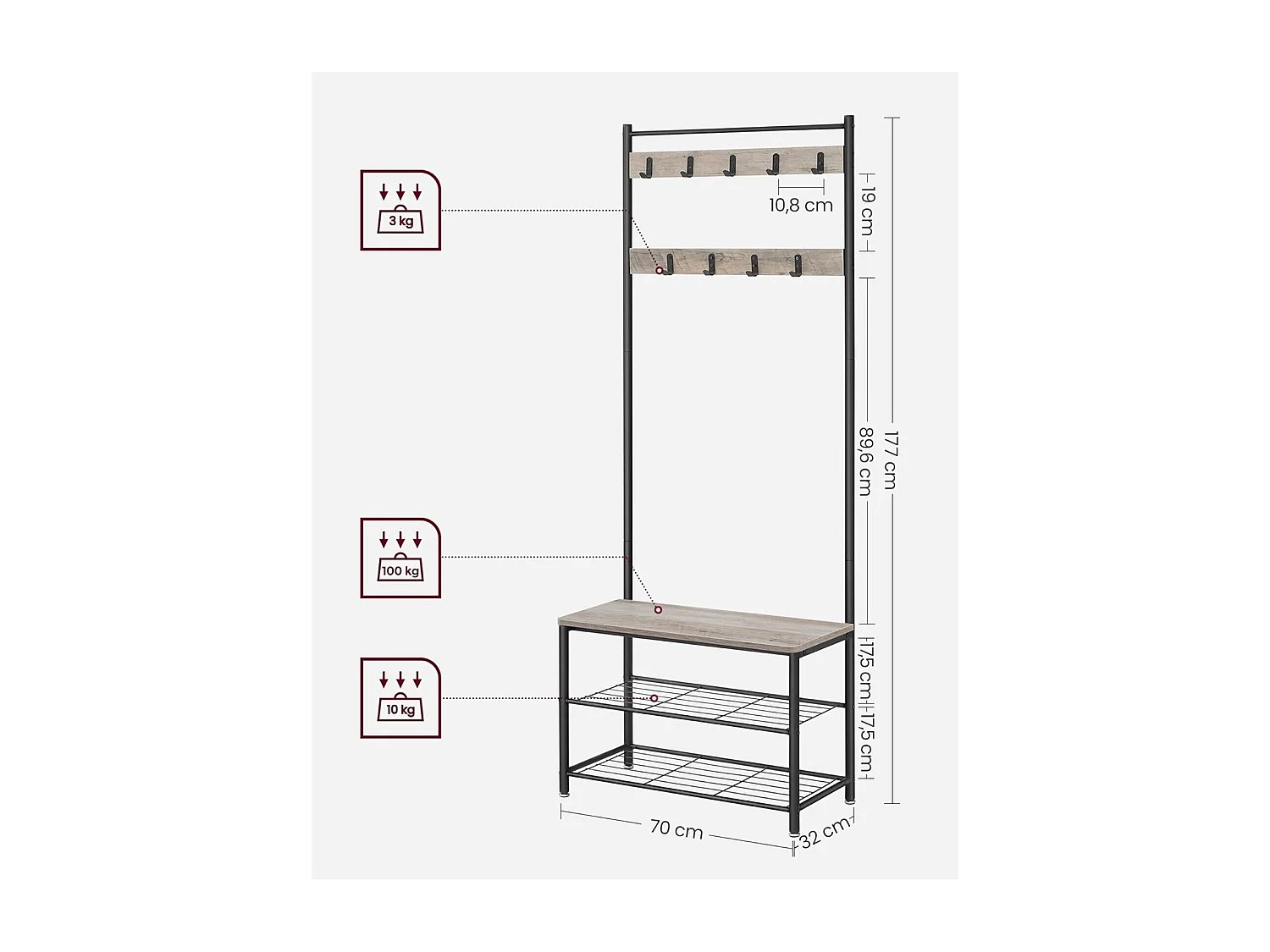 Parya Home 3 in 1 kapstok met schoenenrek entreekast stalen frame industrieel 32 x 70 x 175 cm