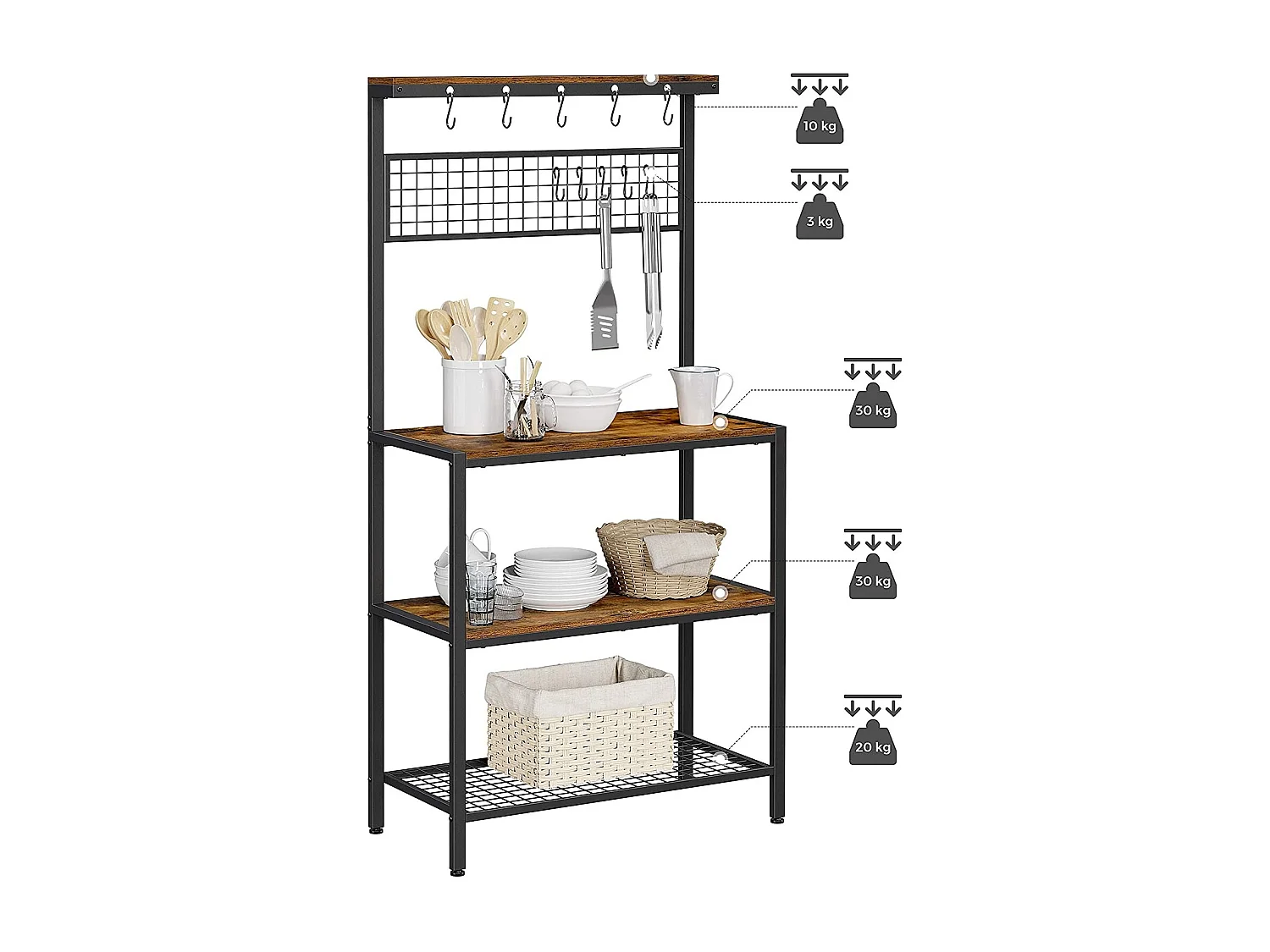 Bobbel Home - Keukenkast - 10 haken - Metalen roosterplank - Vintage - Bruin