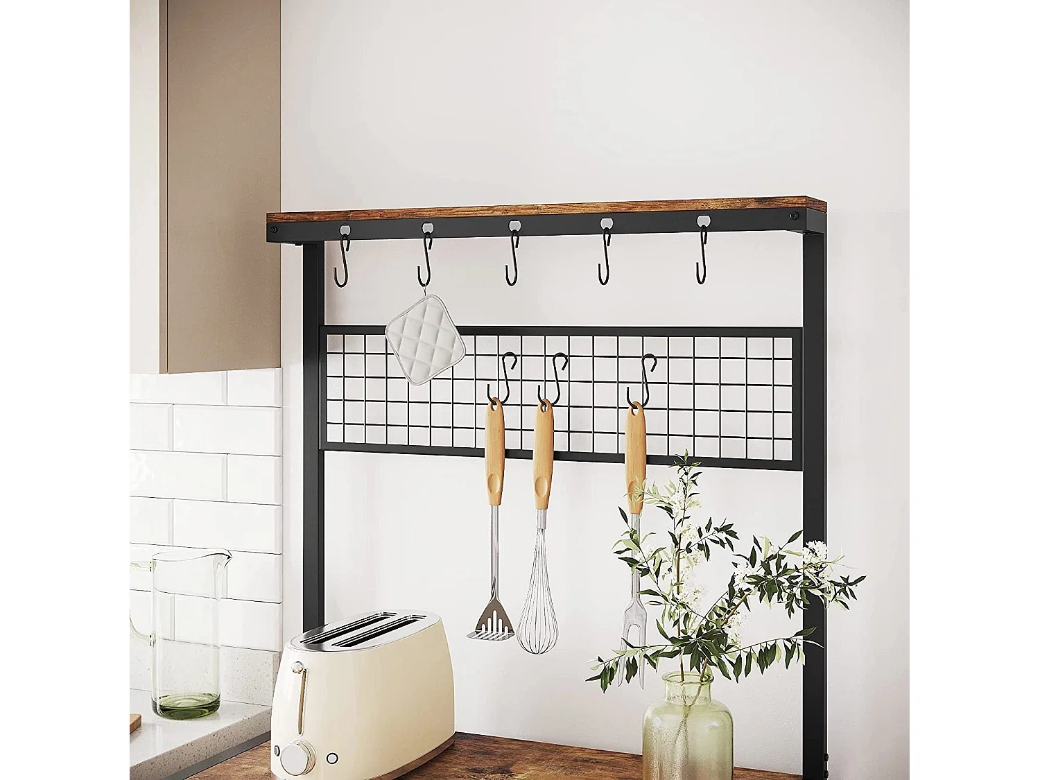 Bobbel Home - Keukenkast - 10 haken - Metalen roosterplank - Vintage - Bruin