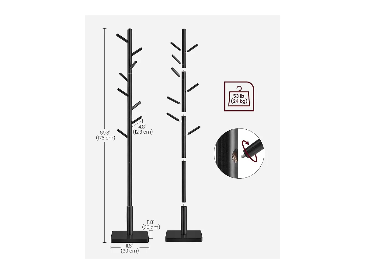 Portant en bois massif Parya Home en forme d’arbre avec 8 crochets et structure en bois de caoutchouc noir