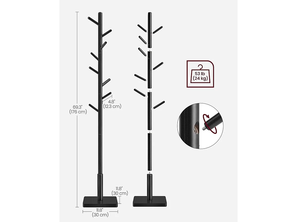 Massiver Holz Garderobenständer Parya Home in Baumform mit 8 Haken und Gummiholzgestell schwarz