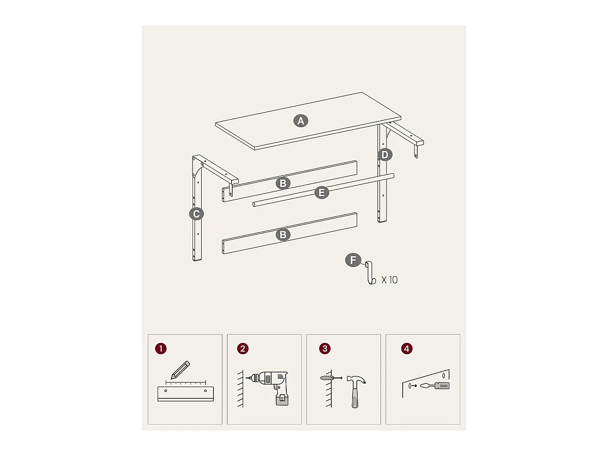 Parya Home Wandkapstok met Plank – Ruimtebesparende wandplank met 10 afneembare haken