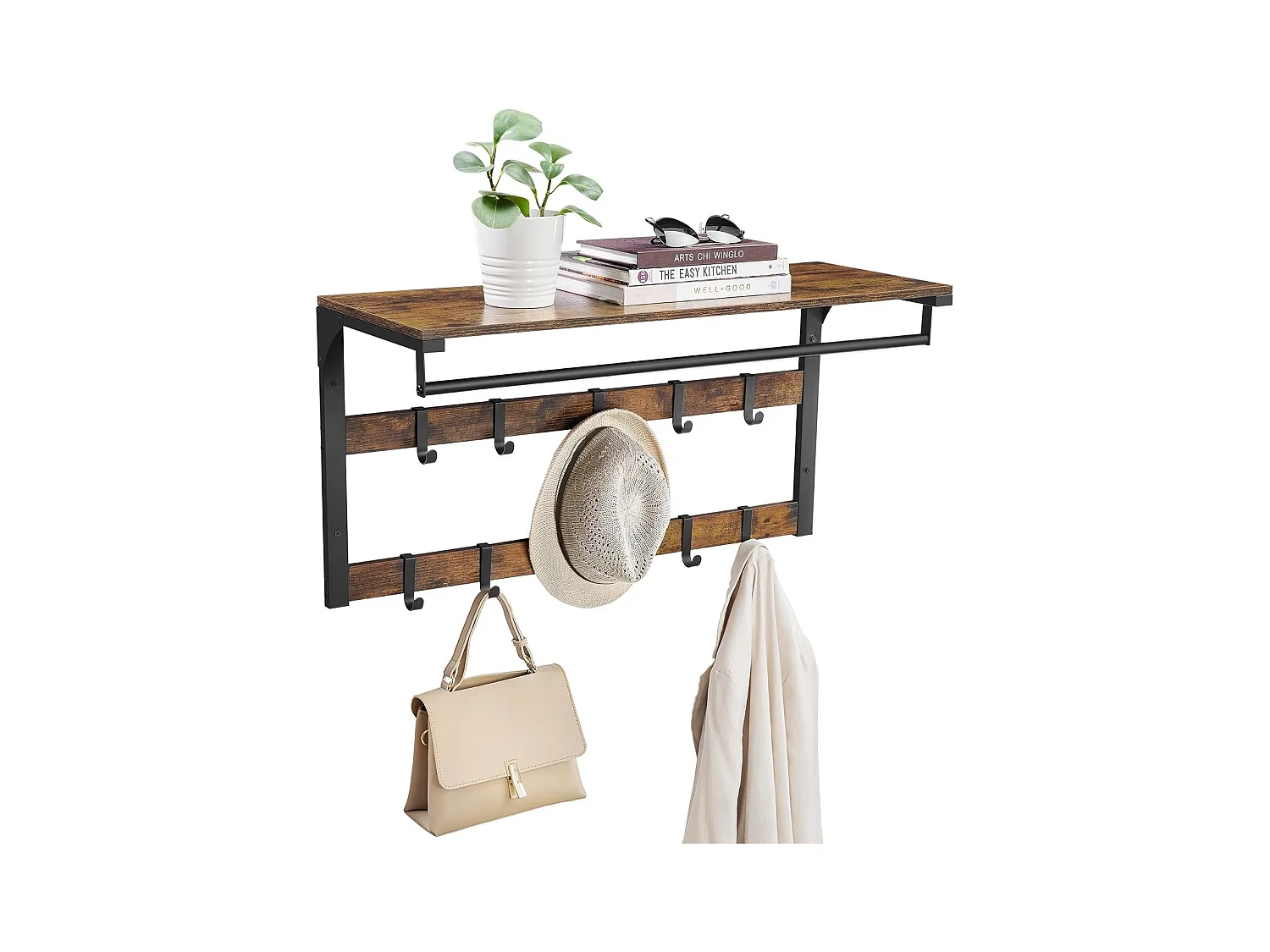 Parya Home Wandkapstok met Plank – Ruimtebesparende wandplank met 10 afneembare haken