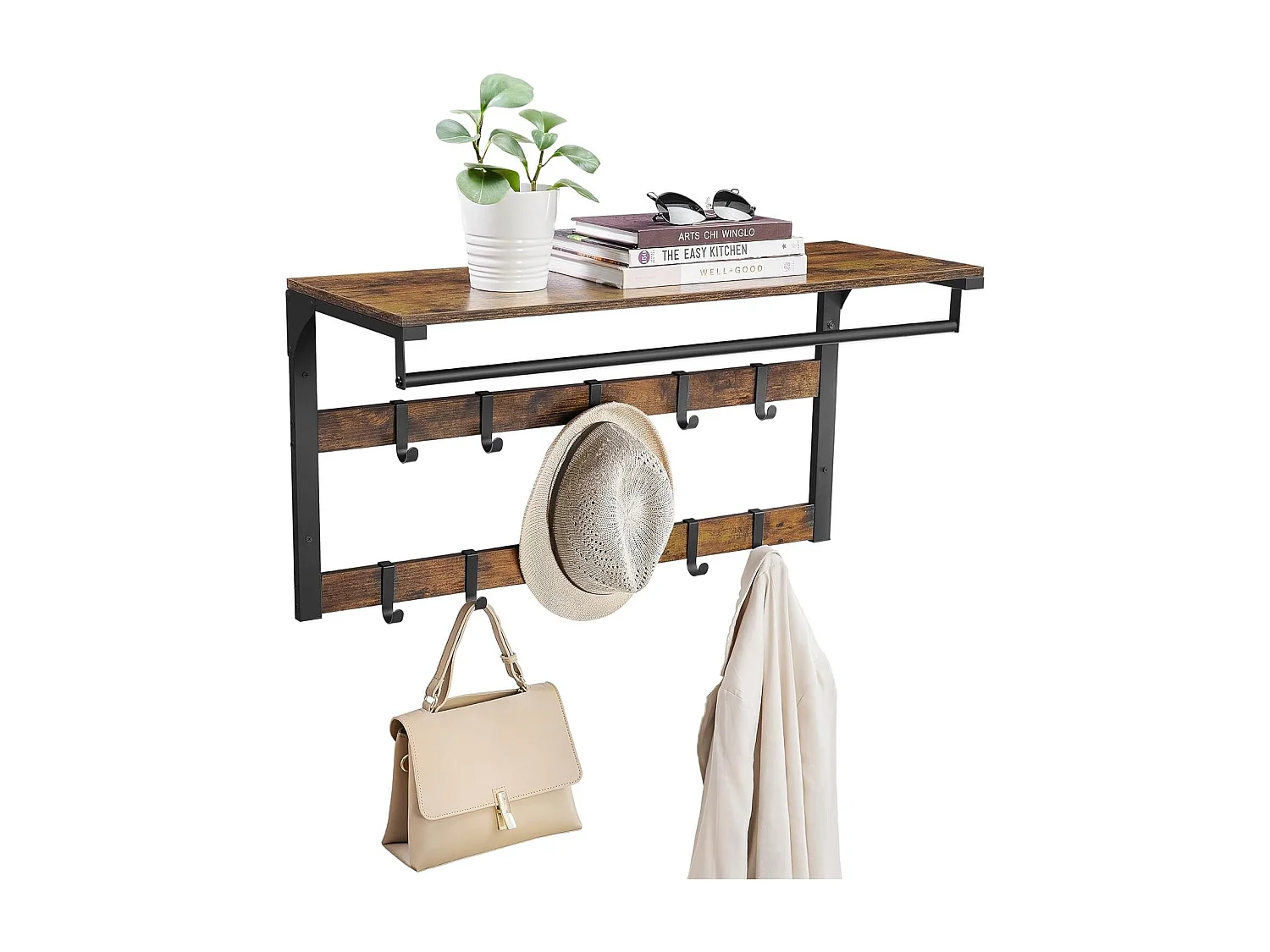 Parya Home Wandkapstok met Plank – Ruimtebesparende wandplank met 10 afneembare haken