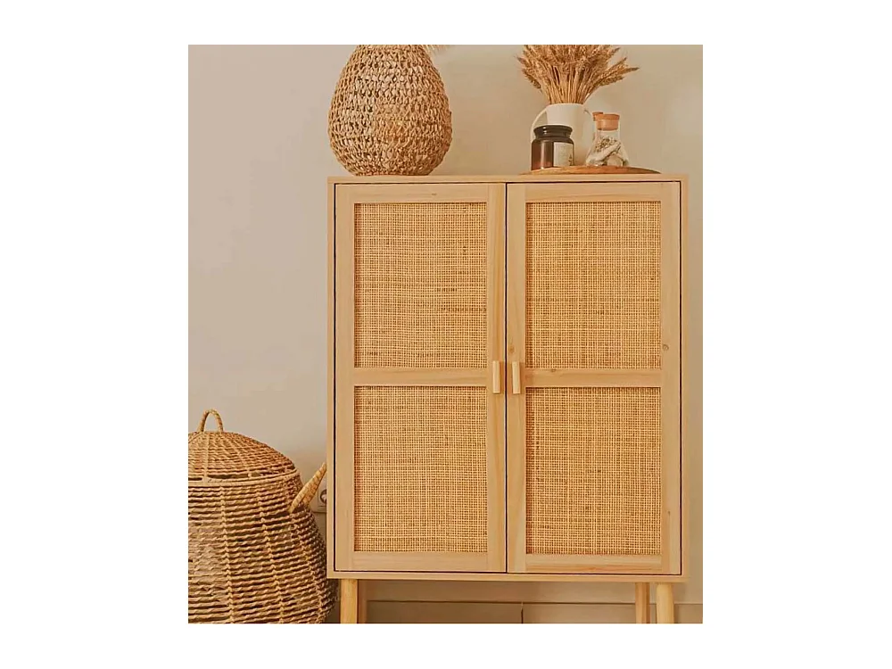 Aparador para salón comedor de 110x80x40 cm con 2 puertas y frentes de ratán beige Camile