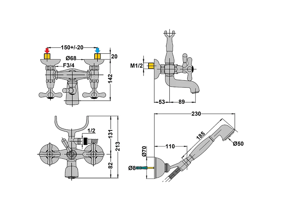 Mélangeur BAIN douche flexible + douchette + support  PAINI Tiffany Gris Acier
