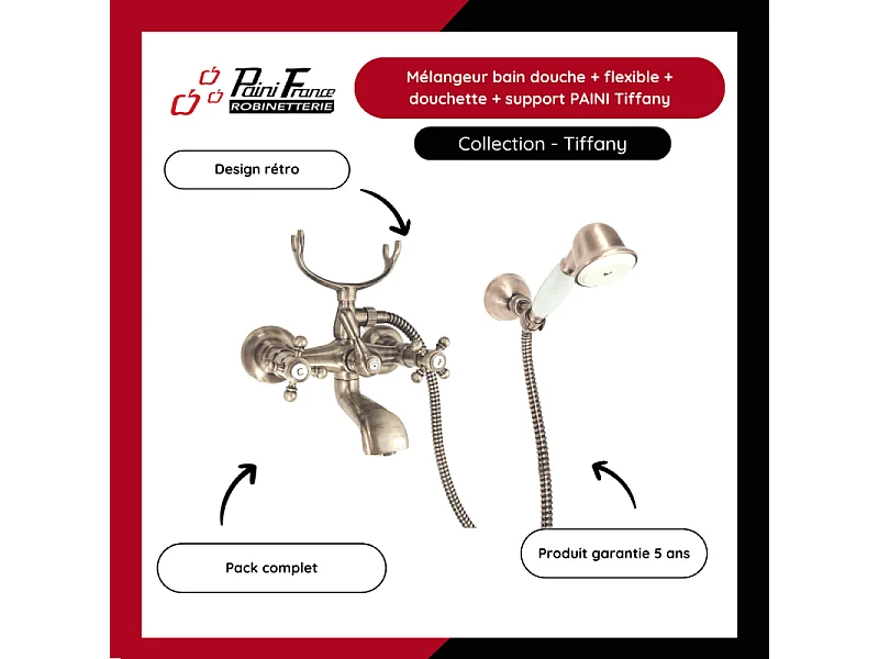 Mélangeur BAIN douche flexible + douchette + support  PAINI Tiffany Gris Acier